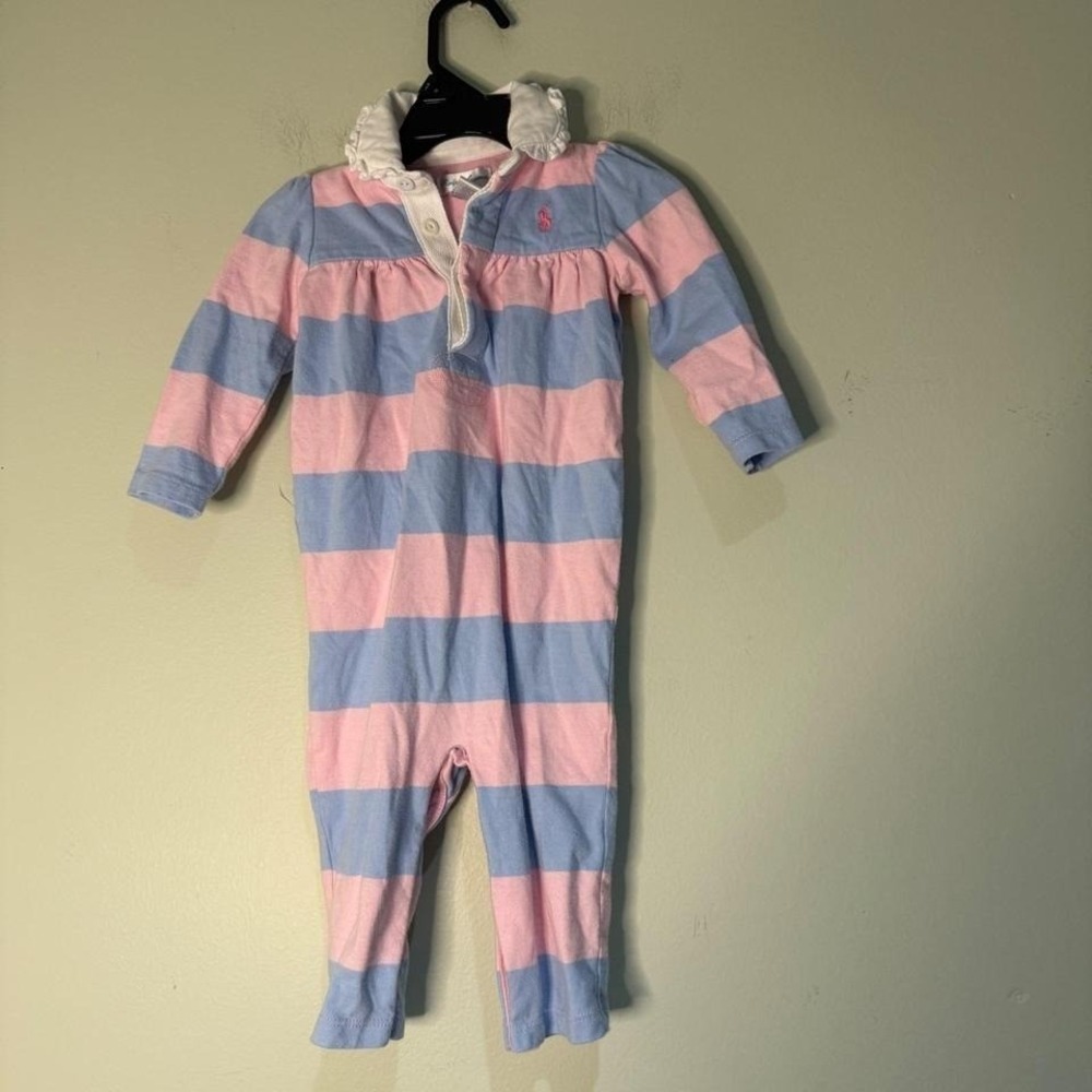 Vintage Ralph Lauren Baby Girl 9M Pink Blue Striped Long Sleeve Romper